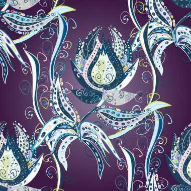 Vektör düz çiçekler pürüzsüz desen. Hediye ambalaj kağıdı, tebrik kartları, posterler ve pankart tasarımı. Mavi, nötr ve mor renkte çiçekler.