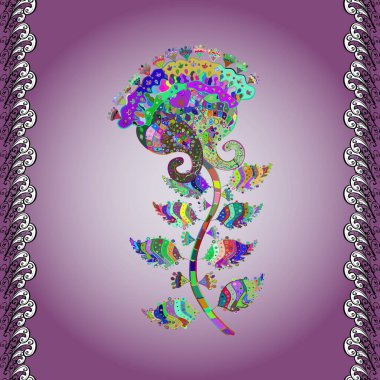 Vektör illüstrasyonunda kusursuz çiçek deseni. Tarafsız, mor ve gri renklerde. Güzel kumaş deseni. Vektör illüstrasyonu.