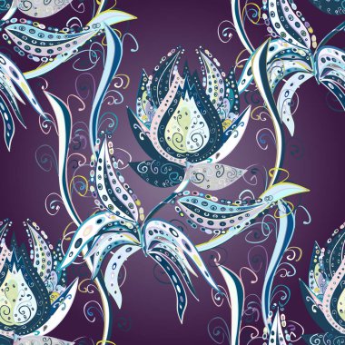 Kusursuz çiçek deseni yerleştirildi. Mavi, nötr ve mor renkte çiçekler. Renkli Bahar Temalı Kusursuz Arkaplan. Düz Çiçek Elementleri Tasarımı.