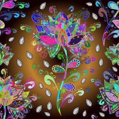 Kusursuz çiçek deseni duvar kâğıdı olarak kullanılabilir. Kahverengi, siyah ve yeşil renkli çiçekler. Vektör illüstrasyonu.