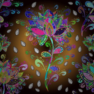 Vektör illüstrasyonunda kusursuz çiçek deseni. Çiçekler suluboya tarzında kahverengi, siyah ve yeşil renklerde.