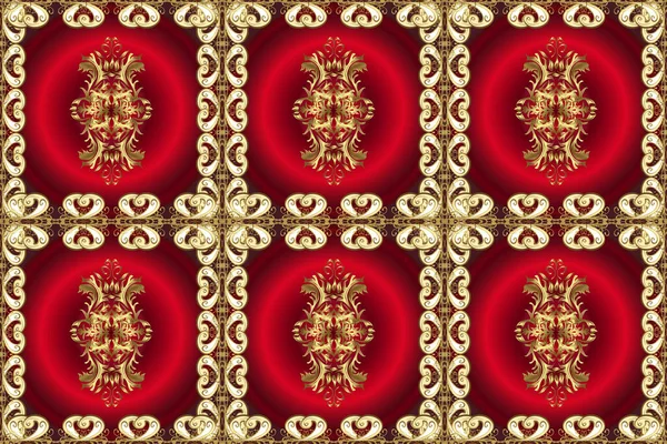 Classic vintage background. Seamless pattern on red, beige and brown colors with golden elements and white doodles. Seamless classic golden pattern. Traditional orient ornament.