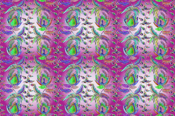Bloemen Groene Neutrale Paarse Kleuren Platte Bloem Elementen Ontwerp Naadloze — Stockfoto