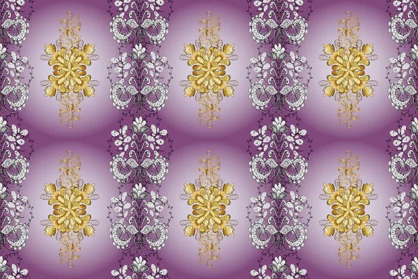 Gold floral ornament in baroque style. Golden element on neutral, purple and white colors. Gold Wallpaper on texture background. Damask seamless repeating background.