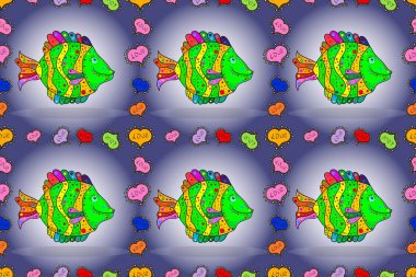 Yeşilde balık, menekşe ve nötr renk. Renkli şirin desenli balık deseni. Kusursuz renksiz arkaplan.