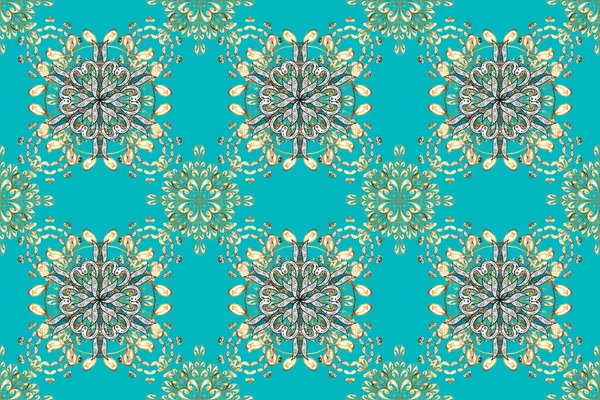Golden floral ornament brocade textile and glass pattern. Seamless golden pattern. Blue, white and brown colors with golden elements. Gold metal with floral pattern.