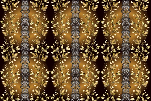 Pattern background wallpaper with gold antique floral medieval decorative flowers, leaves and gold pattern ornaments on brown, black and gray color. Seamless royal luxury golden baroque damask vintage