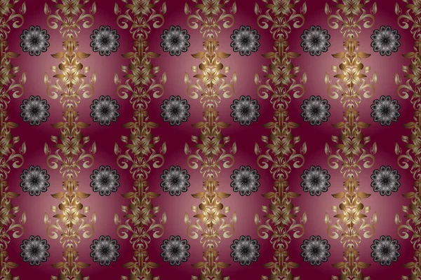 Raster illustration. Seamless pattern medieval floral royal pattern. Gold on purple, pink and beige colors. Good for greeting card for birthday, invitation or banner. Decorative symmetry arabesque.