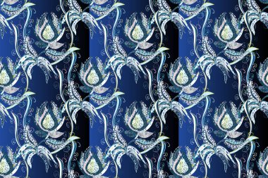 Renkli Bahar Temalı Kusursuz Arkaplan. Çiçeksel fantezi tasarımı, parlak bir arka planda, kusursuz bir desen. Düz Çiçek Elementleri Tasarımı.