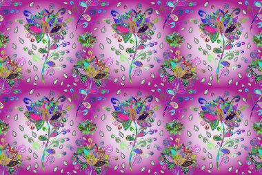 Suluboya çizimi. El çizimi. Çiçeklerle kusursuz desen. Tarafsız, mor ve mor renkte çiçekler.