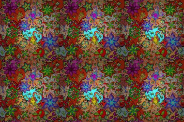 İllüstrasyondaki modaya uygun çiçek deseni. Turuncu, siyah ve bej renkli çiçekler. Renkli Yaz Temalı Kusursuz Arkaplan. Düz Çiçek Elementleri Tasarımı.