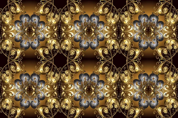 花环锦缎花纹 金属花纹在棕色 黑色和灰色与金元素 经典的金黄色无缝图案 — 图库照片