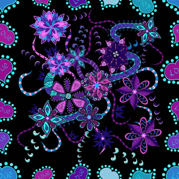 在蓝色 紫色和黑色的可爱的纺织品风格 植物的背景 多彩的无缝图案 花卉壁纸 — 图库照片