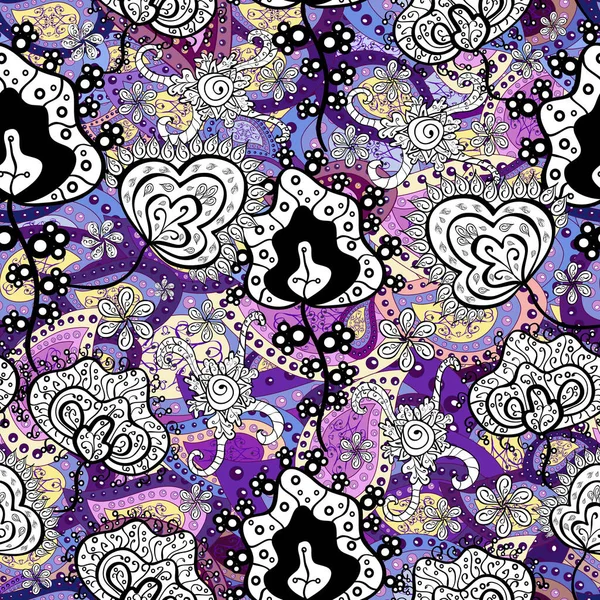 Background texture, wallpaper, floral theme in violet, white and black colors. Tribal art boho print, vintage flower background. Abstract ethnic seamless pattern.