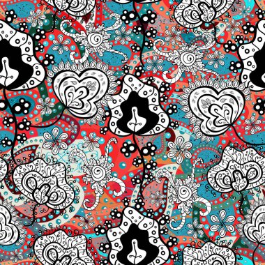 Beyaz, mavi ve siyah renklerde. Vektör çizimi. Çiçek buketleriyle klasik tarzda kusursuz desen.