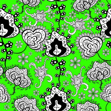 Çiçeksiz desenli arka plan. Siyah, beyaz ve yeşil renkli çiçekler. Tişört yazdırma için çiçek boyama vektörü.