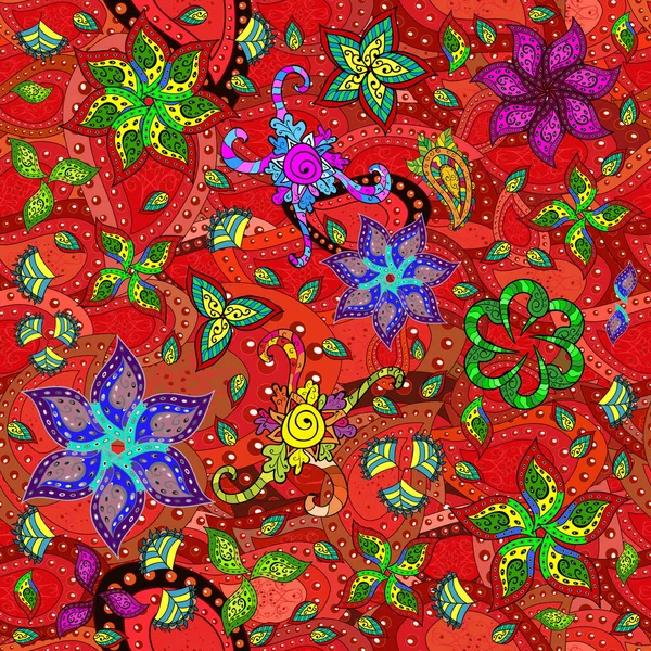 Aziatische Textielstijl Vector Illustratie Vector Illustratie Bloemen Oranje Zwart Rood — Stockvector