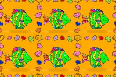 Sarı, siyah ve yeşil. Geçmişi. Kumaş ve tekstil için İskandinav tarzı. Çizgi film balıklarıyla kusursuz desen.