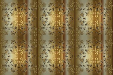 Süslü raster dekorasyonu. Barok tarzında duvar kağıdı tasarımı için kusursuz damaske deseni arkaplanı. Kahverengi, sarı ve bej renklerde altın desenli altın elementler.