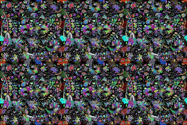 Tropical Seamless Pattern Many Blue Black Green Abstract Flowers Varicoloblue — Stock Photo, Image