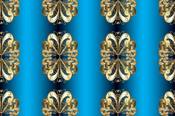 Altın Rengi Kusursuz Çizim Mavi Bej Kahverengi Renklerde Altın Çiçekli — Stok fotoğraf