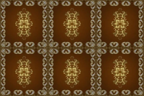 Traditional classic golden pattern. Golden pattern on yellow, brown and beige colors with golden elements. Seamless oriental ornament in the style of baroque. Raster oriental ornament.
