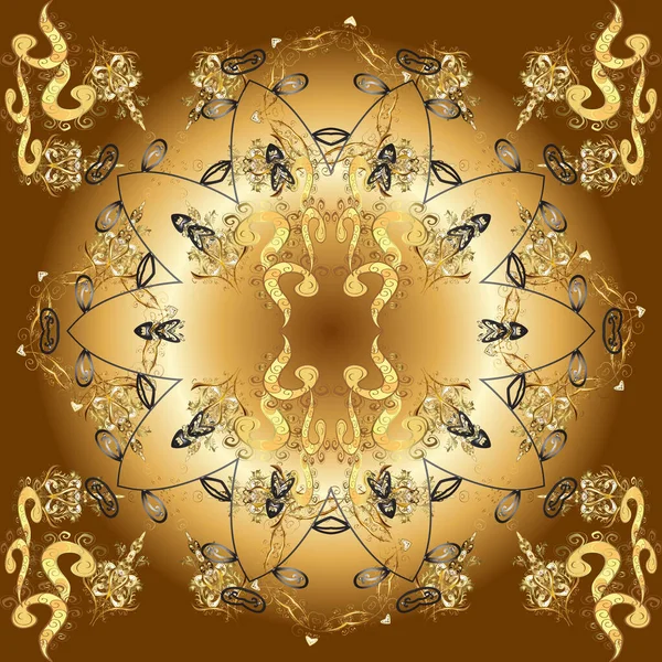 ベージュ ブラウン イエローでゴールドの要素でシームレスなパターン 金色の透かし彫り 東洋スタイルのアラベスク 鮮やかなレース 様式化された花 ペイズリー シームレスな金色のテクスチャカール — ストック写真
