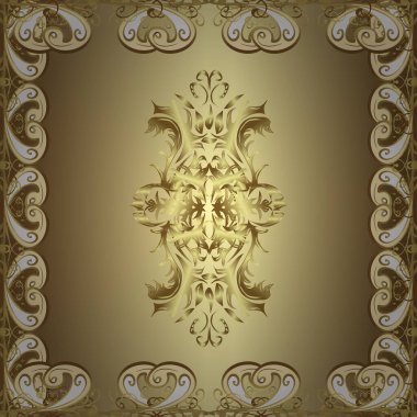 El çekilmiş dekoratif çerçeve, albüm kapağı, tebrik kartı, vintage Art deco tarzında. Vektör soyut çiçek çelenk altın doodle fantezi yaprak ve çiçek bir nötr, kahverengi ve bej renkler.
