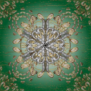 Yeşil, beyaz ve nötr yerine altın rengi klasik barok çiçekli desenler. Altın element yeşil, beyaz ve nötr renklerde. Lüks, kraliyet ve Viktorya dönemi konsepti. Süsleme vektör dekorasyonu.