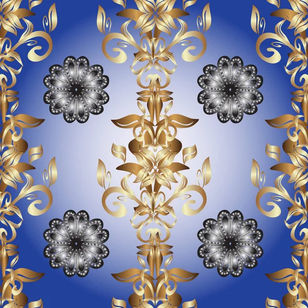 グレー ベージュ ブルーのベクトル伝統的な古典的な黄金のシームレスなパターン バロック様式のシームレスな東洋の装飾 — ストックベクタ