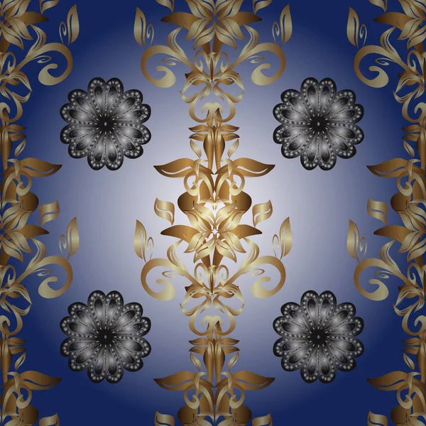 グレー ベージュ ブルーを基調としたゴールドのシームレスなヴィンテージパターン クリスマス2019 雪の結晶 — ストックベクタ