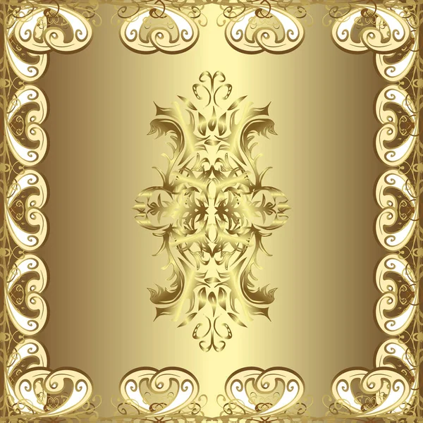 ベージュ ブラウン ニュートラルカラーのゴールド 誕生日 招待状 またはバナーのグリーティングカードに最適です ベクトルイラスト 装飾的な対称アラベスク シームレス中世の花の王室のパターン — ストックベクタ