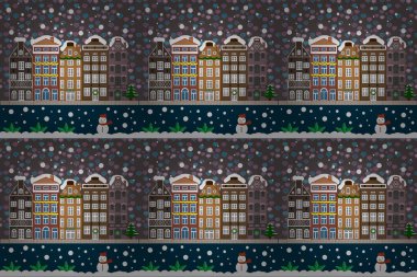 Kavram tebrik veya posta kartı için. Noel ağacı ve kardan adam. Raster resim. Bir karlı Noel manzara gece bir evde.