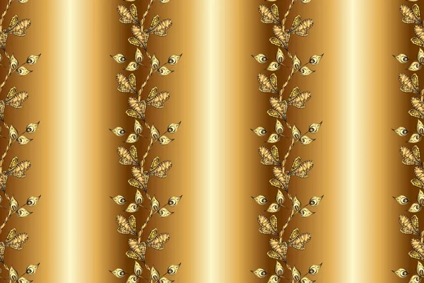 Golden pattern on beige, yellow and brown colors with golden elements. Oriental ornament. Seamless oriental ornament in the style of baroque. Traditional classic golden pattern.