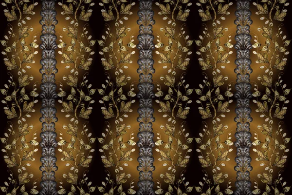 Seamless golden pattern. Golden pattern with white doodles on gray, brown and black colors with golden elements. Raster oriental ornament.