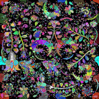 Vektör çizimi. Yumuşak, bahar çiçekleri yeşil, siyah ve mavi renklerde. Çiçek ve yapraklı karalama şeklinde vektör deseni.