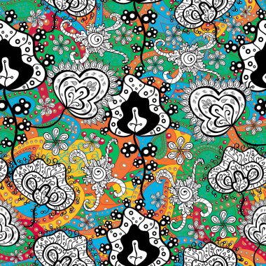 Çiçek desenli vektör, yeşil, beyaz ve siyah çizgi grafik desenli soyut vektör arkaplan. Modern stil dokusu.