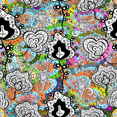 Mavi, turuncu ve yeşil renklerde ve çiçek siluetiyle bahar çiçekleriyle desen. Vektör deseni.