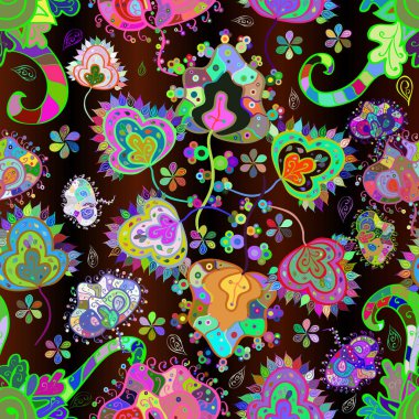 Kusursuz çiçek deseni. Vektör çizimi. Kahverengi, siyah ve yeşil renklerde Asyalı tekstil.