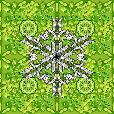 Yeşil, sarı ve beyaz renklerde bahar çiçekleri. Yaprak ve çiçeklerin suluboya resimleri, yeşil, sarı ve beyaz renklerde kusursuz desenler. Vektör illüstrasyonu.