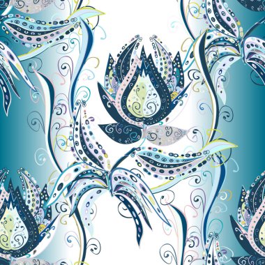 Vektör çizimi. Çiçek süsü ile kusursuz desen. Mavi, nötr ve beyaz renkte çiçekler.