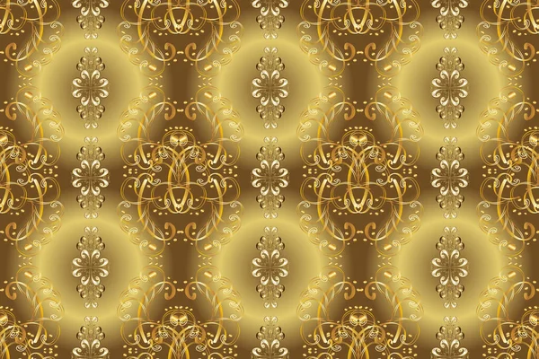 Luxury furniture. Pattern on brown and yellow colors with golden elements. Furniture in classic style. Patina. Seamless element woodcarving. Backdrop with gold trim. Carving. Small depth of field.