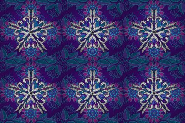 Mor, beyaz ve mavi renkte çiçekler. Düz Çiçek Elementleri Tasarım Raster illüstrasyonu. Çiçeksiz desenli arka plan. Renkli Bahar Teması Kusursuz Arkaplan.