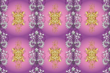 Çizgi sanatı tasarım şablonu için kusursuz sınır. Doğu tarzı element. Altın desenli çiçek dekoru. Davetiyeler için resim, kartlar, web sayfası. Pembe, mor ve mor renklerdeki altın element.