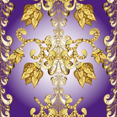 Mor, sarı, nötr ve altın desenli. Tekrarlayan elementlerle kusursuz soyut arkaplan. Zarif klasik desen.