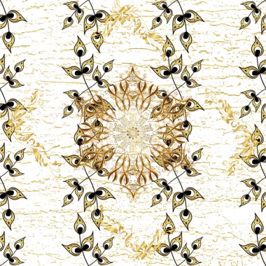 Damask pürüzsüz süsü. Tarafsız, sarı ve beyaz renkler üzerinde klasik oryantal desen. Geleneksel ve altın desen.