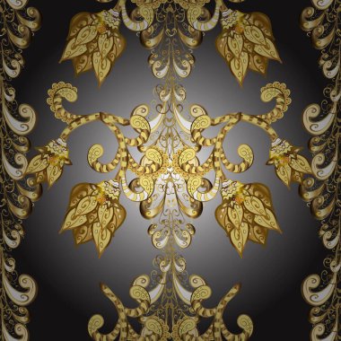 Noel altın kar tanesi kusursuz desen. Kış kar dokusu duvar kağıdı. Sembol bayramı, yeni yıl kutlaması vektör altın desen. Gri, sarı ve kahverengi renklerde altın kar taneleri.