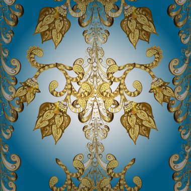 Tarafsız, sarı ve mavi renklerde altın desenli altın elementler. Kusursuz altın desen. Vektör oryantal süsü.