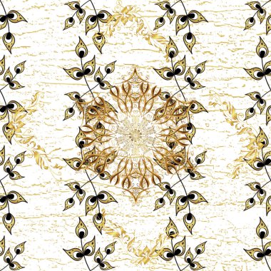 Kusursuz oryantal klasik altın desen. Tarafsız, sarı ve beyaz renklerde altın yinelenen elementler içeren soyut vektör arkaplanı.