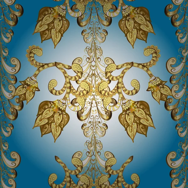 Gouden Patroon Neutrale Gele Blauwe Kleuren Met Gouden Elementen Naadloos — Stockvector